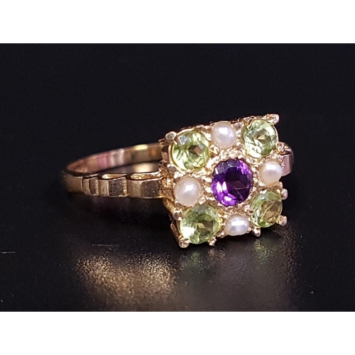 25 - UNUSUAL 'SUFFRAGETTE' RING
the central amethyst in peridot and pearl square shaped surround represen... 