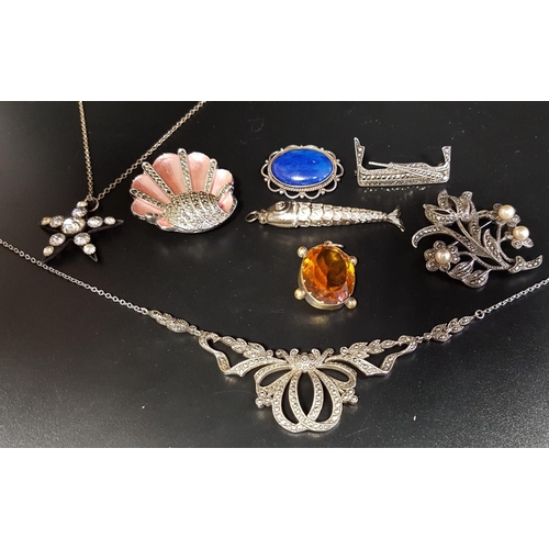 64 - SELECTION OF SILVER AND OTHER VINTAGE JEWELLERY 
including two silver and marcasite brooches and a n... 