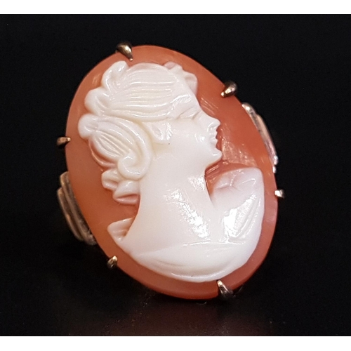 75 - SHELL CAMEO DRESS RING
the cameo depicting a female bust in profile, on nine carat gold shank, ring ... 