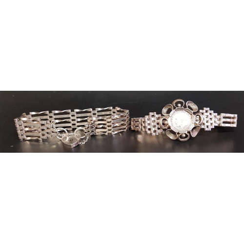 130 - SILVER FIVE BAR GATE BRACELET
with twist bar detail and heart padlock clasp; together with a three b... 