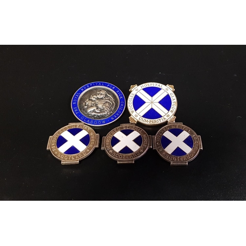 178 - FIVE SILVER AND ENAMEL SCOTTISH NURSE'S BADGES
comprising one for the Glasgow Royal Hospital for Sic... 