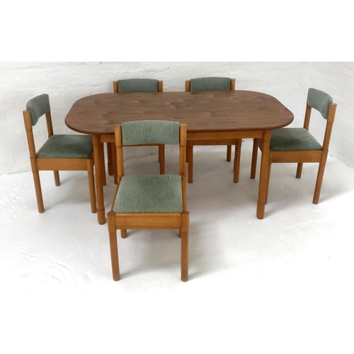 596 - OAK SHAPED TOP DINING TABLE
standing on turned supports, 152cm long; together with five beech framed... 