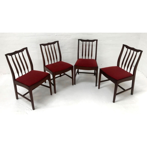 599 - SET OF FOUR MAHOGANY DINING CHAIRS
with shaped top rails and slatted backs above a padded seat, stan... 