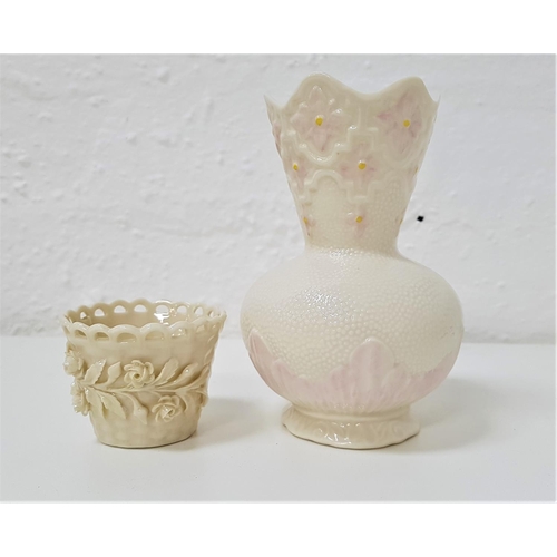 281 - SMALL BELLEEK WOVEN BASKET SHAPED SALT
with applied floral decoration, with third period black mark,... 