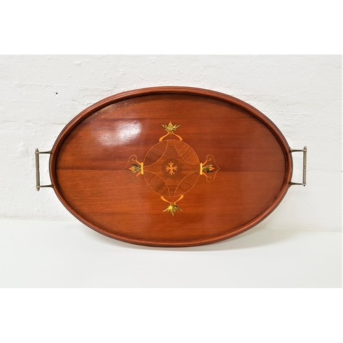 367 - OVAL MAHOGANY AND INLAID TRAY
with a galleried top and metal carry handles, 65.5cm wide