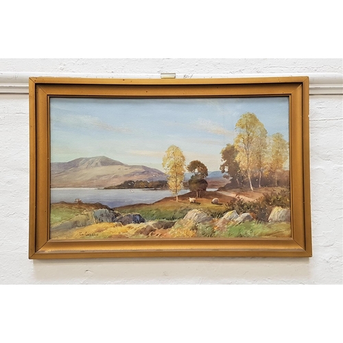 471 - TOM CAMPBELL
Sheep by the loch, watercolour, signed, 29.5cm x 49.5cm