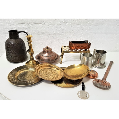 372 - SELECTION OF BRASS, COPPER AND OTHER METALWARE
including a tagine dish and cover, a trivet, a small ... 