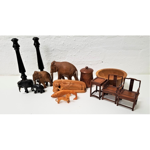 377 - SELECTION OF CARVED WOODEN ITEMS
including a pair of miniature Chinese armchairs and matching table,... 