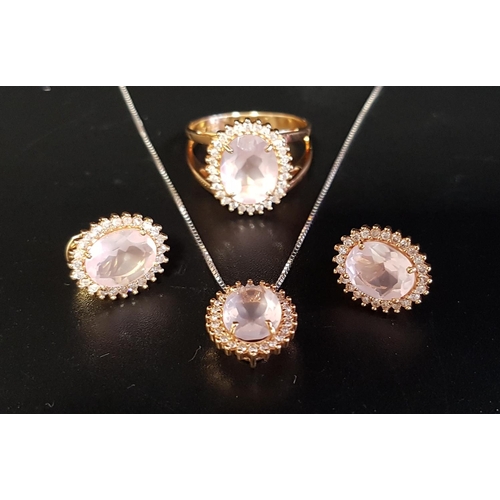 68 - SUITE OF ROSE QUARTZ AND DIAMOND SET JEWELLERY
comprising a ring, a pendant on chain, and a pair of ... 