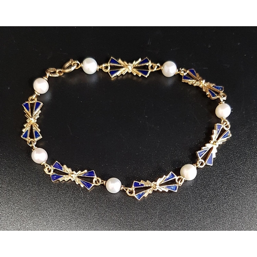 76 - ATTRACTIVE ENAMEL, PEARL AND EIGHTEEN CARAT GOLD BRACELET
the blue enamel decorated bow links separa... 