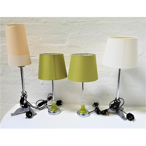 528 - PAIR OF CHROME TABLE LAMPS
raised on circular bases with green glass detail and chrome columns with ... 