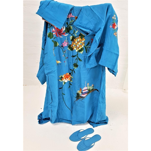 391 - JAPANESE KIMONO
in cornflower blue with a detailed floral embroided back, together with a matching t... 