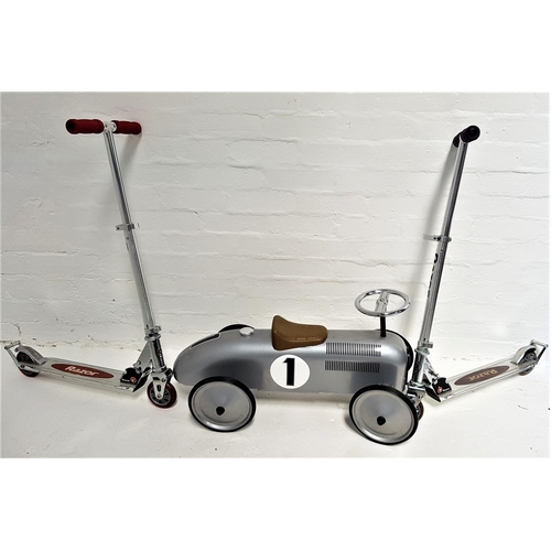 393 - RETRO STYLE CHILD'S RIDE ON CAR
in silver; together with two Razor scooters, with metal frames and a... 