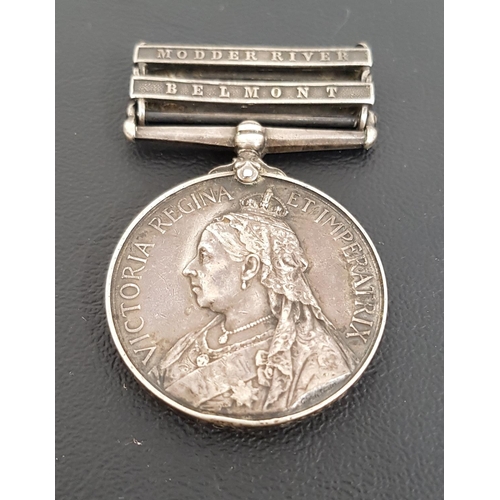 336 - QUEENS SOUTH AFRICA MEDAL
with two clasps for Modder River and Belmont, named to 723 Private A. Fox ... 