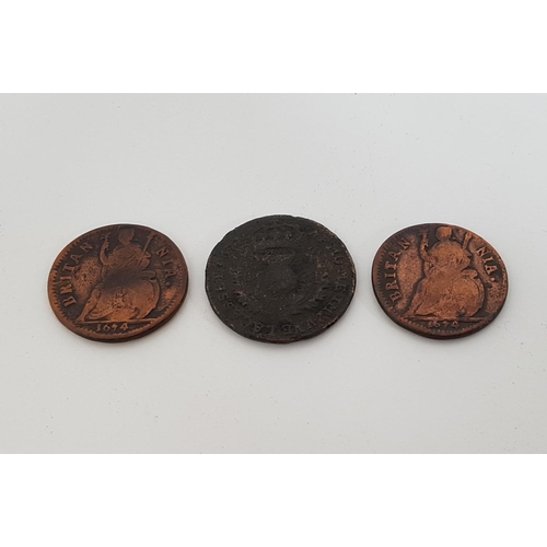 367 - CHARLES II 1677 1 BAWBEE 
together with two 1674 Charles II 1 farthings (3)