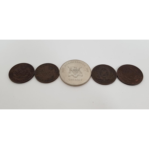 379 - FOUR CANADIAN BANK TOKENS
dated; 1814, 1837, 1852, 1857 together with a Ontario mining confederation... 