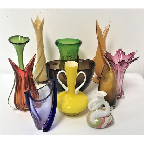 220 - SELECTION OF COLOURFUL GLASS VASES
of various sizes and designs including Chribska and cased glass e... 