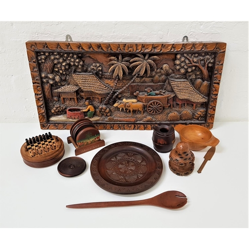 266 - SELECTION OF CARVED WOODEN ITEMS
including a quaich, circular walnut carved plate, banksia nut, asht... 