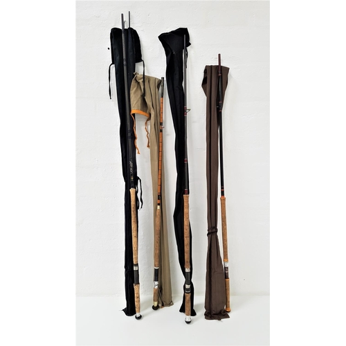 297 - FOUR SALMON FLY FISHING RODS
comprising a Laser 9/11 14ft, Whistler 10/11 15ft, unnamed carbon 9 14f... 