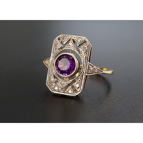 79 - ART DECO STYLE AMETHYST AND DIAMOND PLAQUE RING
the central round cut amethyst approximately 0.8cts,... 