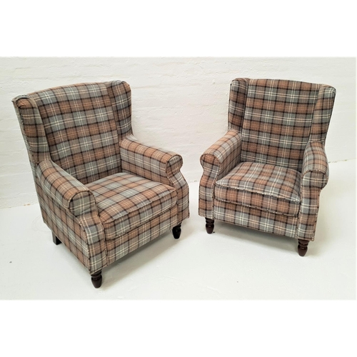 416 - PAIR OF SHETLAND WING BACK ARMCHAIRS
covered in tartan, with padded backs and seats and scroll arms,... 