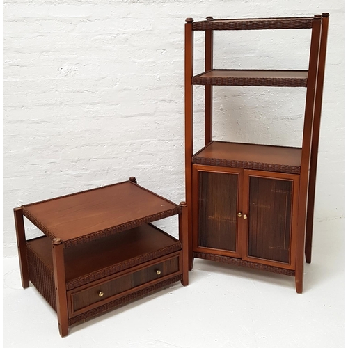 481 - TEAK TALL CABINET
the three open shelves with caned sides above a pair of paneled cupboard doors, st... 