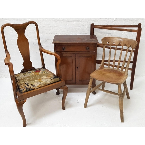 482 - OAK ARMCHAIR
with a shaped top rail and central splat above an embroided drop in seat, on cabriole f... 