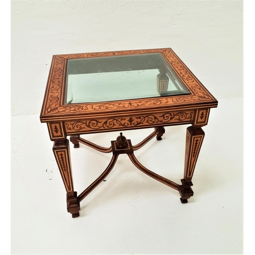 459 - CONTINENTAL WALNUT AND OAK INLAID OCCASIONAL TABLE
with an inset square glass top, standing on taper... 