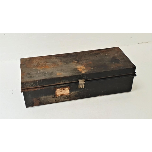 468 - VINTAGE METAL TRAVEL TRUNK
with a lift up lid and side carrying handles, 107cm long