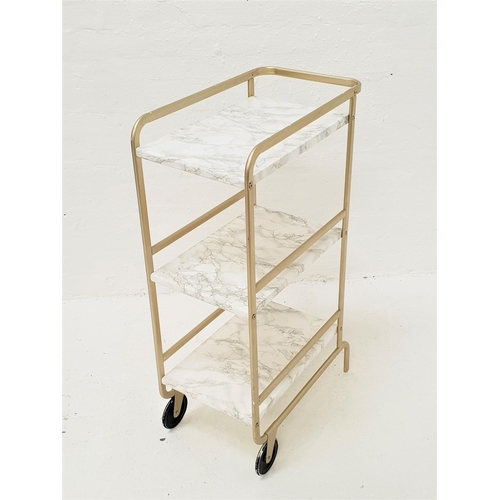 473 - METAL THREE TIER TROLLEY
with marble effect shelves, on a part wheeled base, 98cm high