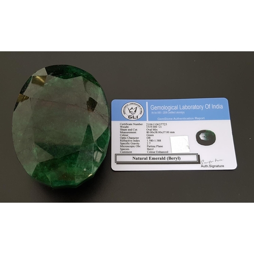 23 - VERY LARGE CERTIFIED LOOSE NATURAL EMERALD
the oval cut emerald weighing 1519cts, with GLI Gemstone ... 