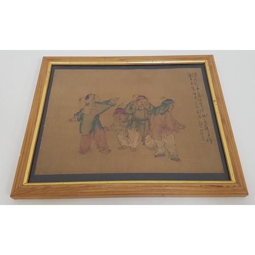 394 - CHINESE SCHOOL
Boys playing with fireworks, pen and ink wash on canvas, with legend to side, 17.5cm ... 