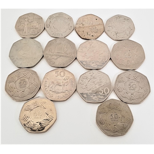 341 - SELECTION OF FOURTEEN 50p COINS
comprising two 1994 D Day Planes And Boats, five 1973 50p Rare Hand ... 