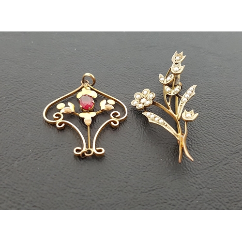 6 - EDWARDIAN SEED PEARL SET FLORAL SPRAY BROOCH
in nine carat gold, 4.2cm long; together with a red gem... 
