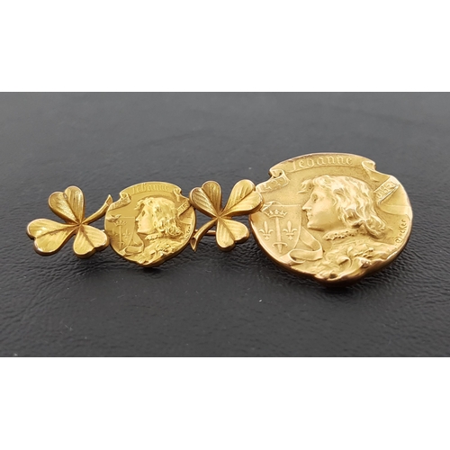 18 - TWO ART NOUVEAU GOLD PLATED 'FIX' BROOCHES
both depicting Joan of Arc, one with additional three lea... 
