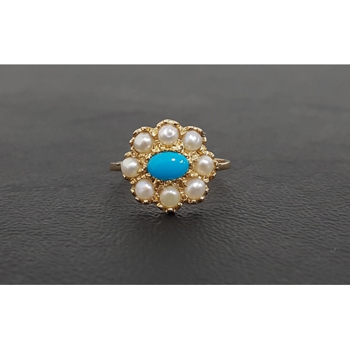 29 - TURQUOISE AND PEARL CLUSTER RING
the central oval cabochon turquoise in eight pearl surround, on nin... 