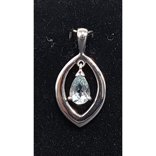 31 - AQUAMARINE SET PENDANT
with pear cut aquamarine suspended to the centre of the navette shaped nine c... 