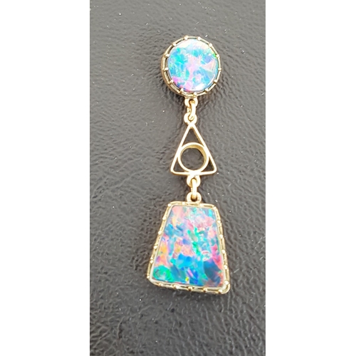 80 - OPAL DOUBLET DROP PENDANT
the circular and shaped opal doublets in unmarked gold setting, 4.2ch long