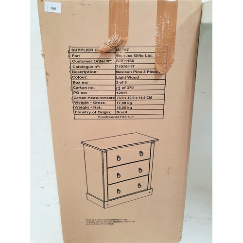 166 - BOXED FLAT PACK MEXICAN PINE LIGHT WOOD CHEST OF THREE DRAWERS
73cm x 40cm x 14.5cm