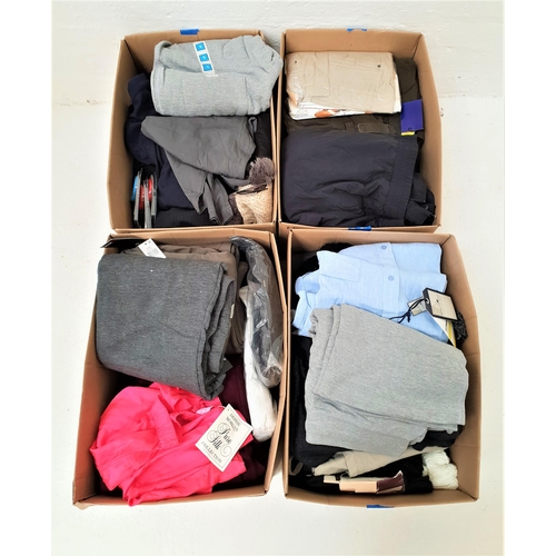 167 - FOUR BOXES OF NEW CLOTHING ITEMS
including jeans, tracksuit bottoms, hats, shorts, socks, etc.