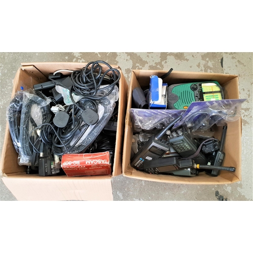 169 - TWO BOXES OF VINTAGE ELECTRICAL ITEMS
including Walkie Talkies, chargers, cables, camera flashes, et... 