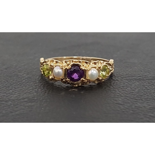 13 - PRETTY 'SUFFRAGETTE' RING
the central amethyst flanked by pearls and peridots representing the colou... 