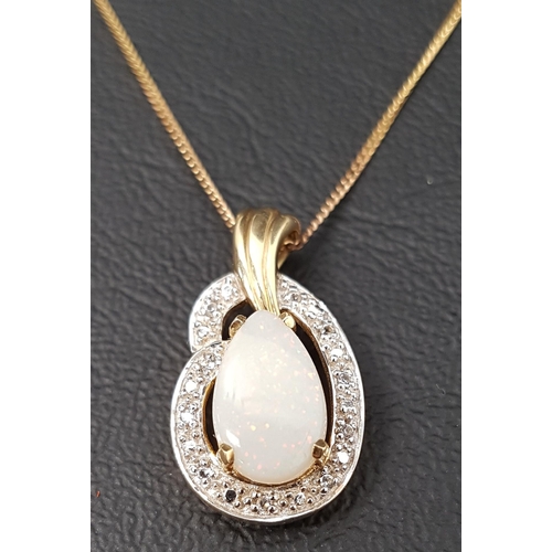 34 - OPAL AND DIAMOND PENDANT
the pear shaped opal in illusion set diamond surround, in nine carat gold a... 