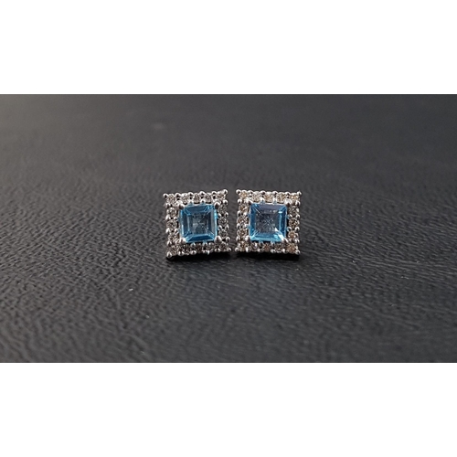 63 - PAIR OF AQUAMARINE AND DIAMOND CLUSTER EARRINGS
the central square cut aquamarines in diamond surrou... 