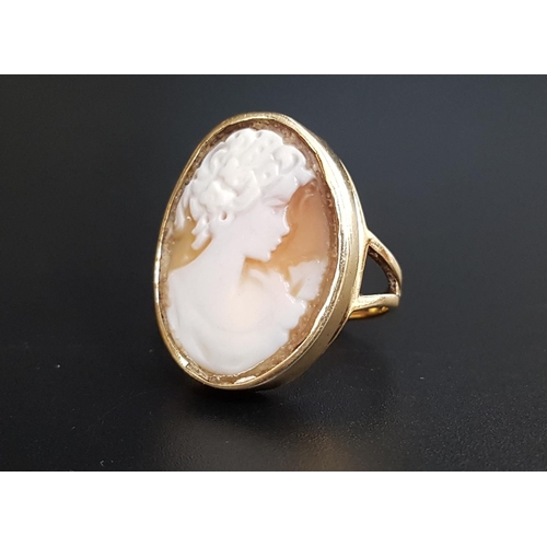22 - LARGE CAMEO DRESS RING
the oval cameo depicting a female bust in profile, on nine carat gold shank, ... 