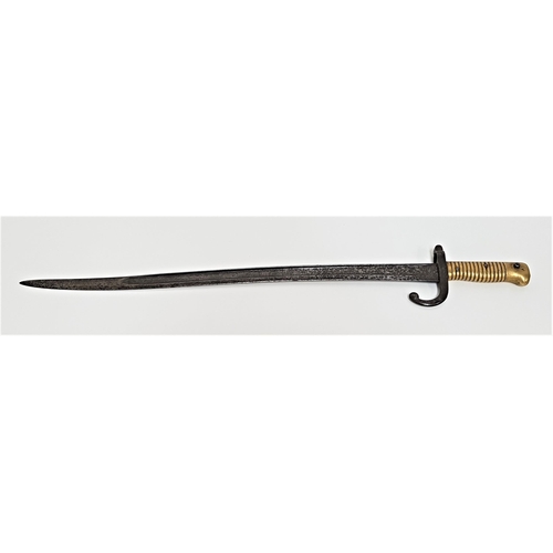 365 - 19th CENTURY FRENCH CHASSEPOT SWORD BAYONET
with a shaped blade 57cm long and brass ribbed handle, t... 