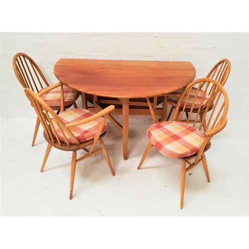 534 - ERCOL TEAK GATE LEG TABLE
with shaped drop flaps, 128cm wide, together with four stick back beech an... 