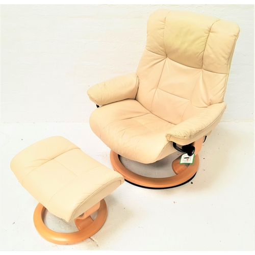 536 - EKORNES STRESSLESS RECLINING ARMCHAIR
in cream leather on a beech circular swivel base, together wit... 