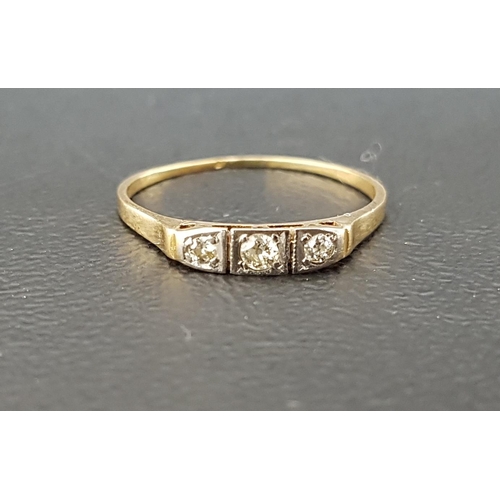 105 - DIAMOND THREE STONE RING
on unmarked high carat gold shank (tests as eighteen carat), ring size P an... 