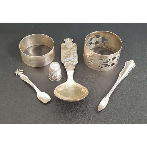 184 - SELECTION OF SILVER ITEMS
comprising a pierced thistle decorated napkin ring, Edinburgh 1963; anothe... 